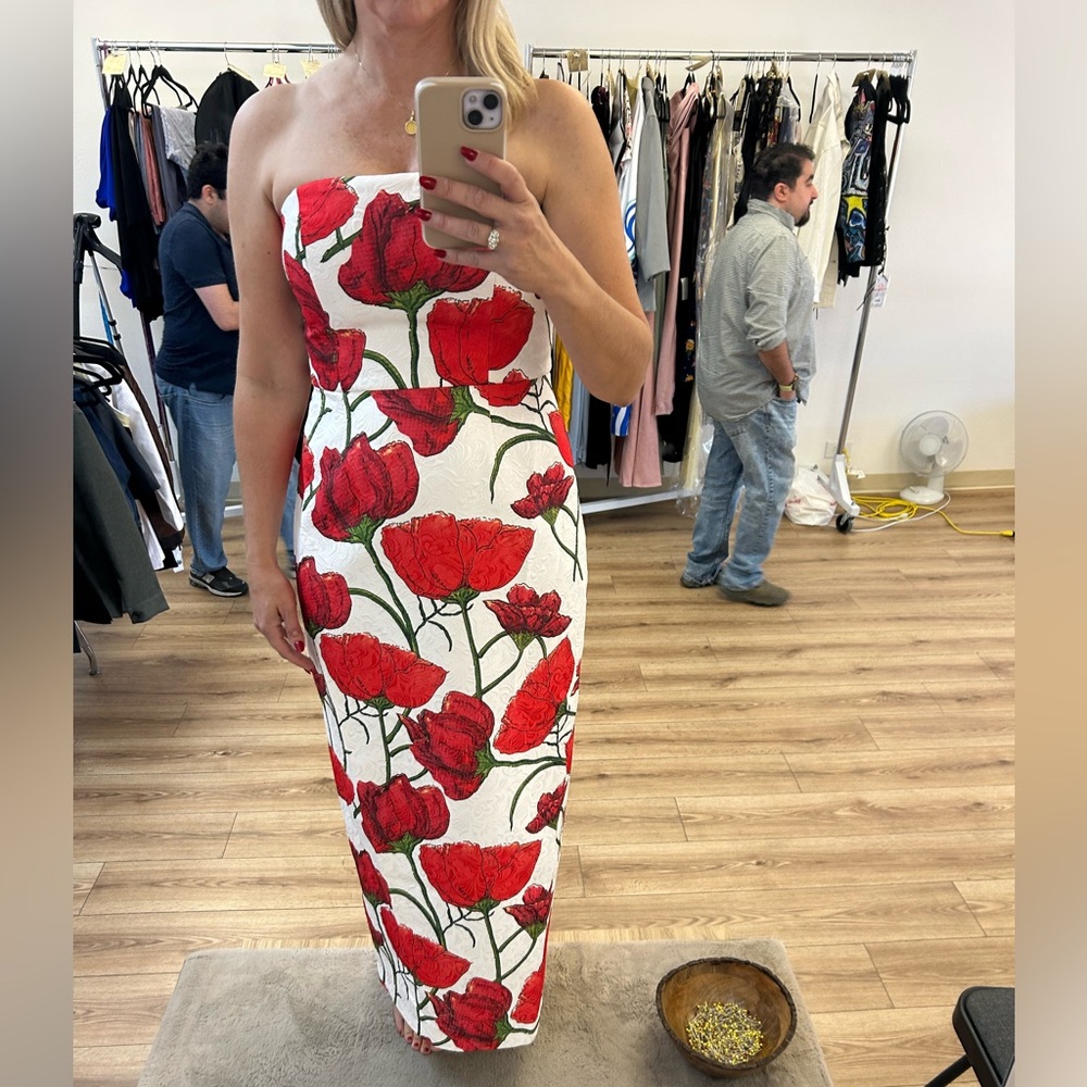 Milly Strapless Dress with Red Poppy Print